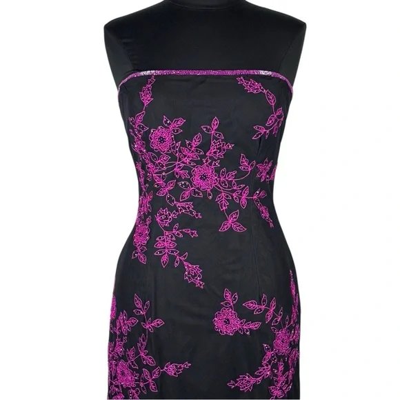 VINTAGE Y2K CACHE BEADED HOCO PROM STRAPLESS HOT PINK BLACK DRESS FORMAL  GOWN